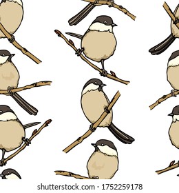 Vector seamless pattern with hand drawn Willow Tits sitting on a tree branches. Ink drawing, beautiful animal design elements. Perfect for prints and patterns