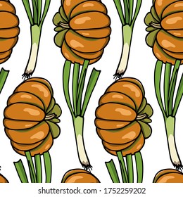 Vector seamless pattern with hand drawn fairytale pumpkins  and spring onions. Beautiful food design elements, green vegetables illustration. Perfect for prints and patterns
