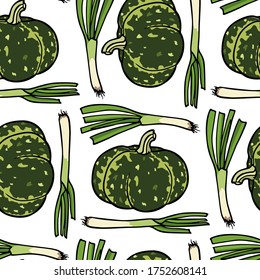 Vector seamless pattern with hand drawn kabocha squashes  and spring onions. Beautiful food design elements, green vegetables illustration. Perfect for prints and patterns