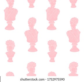 Vector seamless pattern of hand drawn doodle sketch pink antique man and woman bust statue isolated on white background