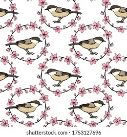 Vector seamless pattern with hand drawn cute Willow Tit in graceful cherry blossom wreath. Ink drawing, beautiful animal design elements. Perfect for prints and patterns