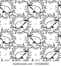 Vector seamless pattern with hand drawn cute badgers in floral wreath made with ink. Beautiful animal design elements, perfect for prints and patterns