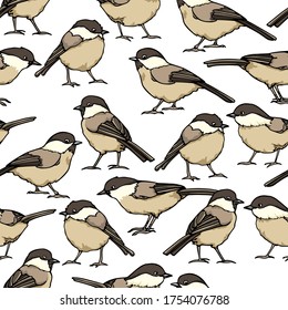 Vector seamless pattern with hand drawn Willow Tit. Ink drawing, beautiful animal design elements. Perfect for prints and patterns
