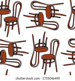 Vector seamless pattern with hand drawn Viennese chairs. Ink drawing, graphic style. Beautiful vintage furniture design elements.