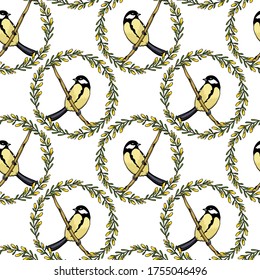 Vector seamless pattern with hand drawn cute Grand Tit in gorse flowers wreath. Ink drawing, beautiful animal design elements. Perfect for prints and patterns