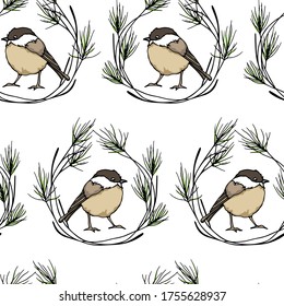 Vector seamless pattern with hand drawn cute Willow Tit in pine wreath. Ink drawing, beautiful animal design elements. Perfect for prints and patterns