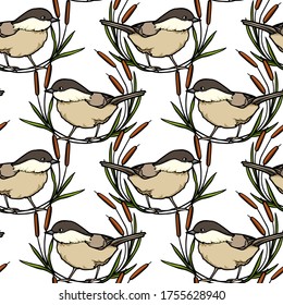 Vector seamless pattern with hand drawn cute Willow Tit in bulrush wreath. Ink drawing, beautiful animal design elements. Perfect for prints and patterns