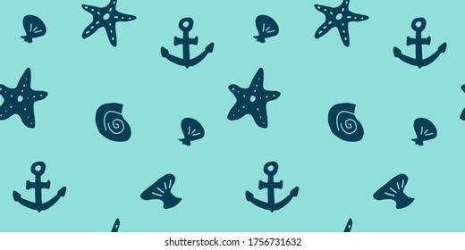 Vector seamless pattern with hand drawn summer elements, nautical designs, anchor ocean starfish seashell vacation tropical