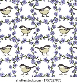 Patrón vectorial sin fisuras, con un lindo Tit Willow dibujado a mano en flores elegantes. Dibujo de tinta, hermosos elementos de diseño animal. Perfecto para impresiones y patrones