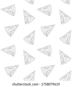 Vector seamless pattern of hand drawn doodle sketch pepperoni pizza slice isolated on white background