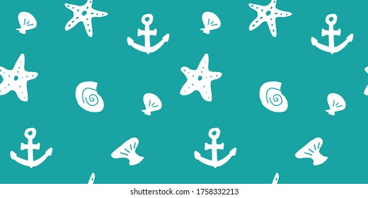 Vector seamless pattern with hand drawn summer elements, nautical designs, anchor ocean starfish seashell vacation tropical