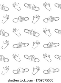 Vector seamless pattern of hand drawn doodle sketch medical face mask and gloves isolated on white background