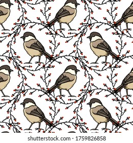 Vector seamless pattern with hand drawn Willow Tits in oak branches wreath. Ink drawing, beautiful animal design elements. Perfect for prints and patterns
