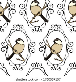 Vector seamless pattern with hand drawn Willow Tit sitting on a tree branche in elegant vintage frame. Ink drawing, beautiful animal design elements. Perfect for prints and patterns