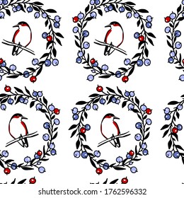 Vector seamless pattern with hand drawn cute red-winged bird in ripe berry wreath. Ink drawing, beautiful animal design elements. Perfect for prints and patterns