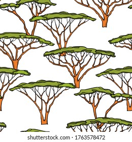 Vector seamless pattern with hand drawn Umbrella Thorn Acacia trees made with ink. Beautiful wild nature design elements, perfect for prints and patterns
