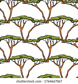 Vector seamless pattern with hand drawn Umbrella Thorn Acacia made with ink. Beautiful wild nature design elements, perfect for prints and patterns