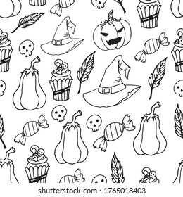 Vector seamless pattern with hand drawn halloween doodle symbols: pumpkin, witch hat, broom, ghost, skull, candy. Isolated on white. Design for greeting cards, wrapping paper, scrapbooking, fabric 