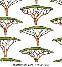 Vector seamless pattern with hand drawn Umbrella Thorn Acacia made with ink. Beautiful wild nature design elements, perfect for prints and patterns
