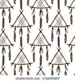 Vector seamless pattern with hand drawn beautiful dream catcher. Ink drawing, beautiful ethnic design elements. Perfect for prints and patterns