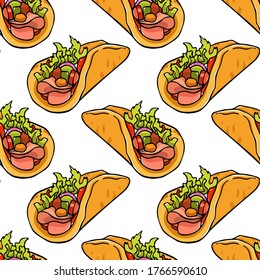 Vector seamless pattern with hand drawn delicious sandwiches with pita bread. Beautiful food design elements, perfect for any business related to the food industry.