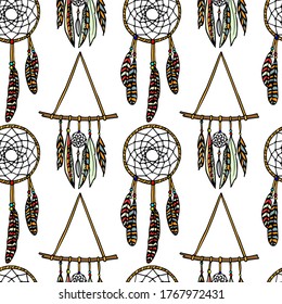 Vector seamless pattern with hand drawn beautiful dream catchers. Ink drawing, beautiful ethnic design elements. Perfect for prints and patterns