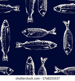 Vector seamless pattern with hand drawn fish made with chalk. Grunge drawing, graphic style. Perfect print for any business related to the food industry.