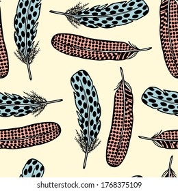 Vector seamless pattern with hand drawn colorful feathers. Beautiful ethnic design elements, ink drawing. Perfect for prints and patterns