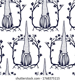 Vector seamless pattern with hand drawn cute gnome in high striped cap in floral wreath. Ink drawing, beautiful design elements. Perfect for prints and patterns