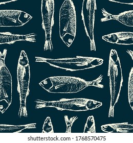 Vector seamless pattern with hand drawn fish made with chalk. Grunge drawing, graphic style. Perfect print for any business related to the food industry.