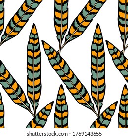 Vector seamless pattern with hand drawn colorful feathers. Beautiful ethnic design elements, ink drawing. Perfect for prints and patterns