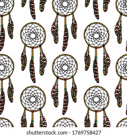 Vector seamless pattern with hand drawn beautiful dream catchers. Ink drawing, beautiful ethnic design elements. Perfect for prints and patterns