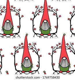 Vector seamless pattern with hand drawn cute gnome in high red cap in blooming floral wreath. Ink drawing, beautiful design elements. Perfect for prints and patterns