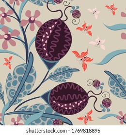 Vector seamless pattern with hand drawn exotic flowers, leaves, butterflies. Colorful tropical texture. Doodle style background with painted elements. Repeat design for print, wallpapers, stationery