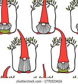 Vector seamless pattern with hand drawn cute gnome in high red cap in leafy floral wreath. Ink drawing, beautiful design elements. Perfect for prints and patterns