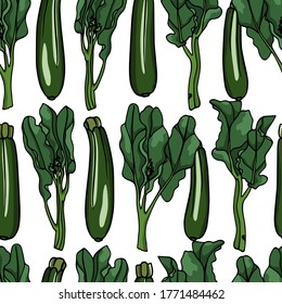 Vector seamless pattern with hand drawn Chinese broccoli and zucchini. Ink drawing, beautiful vegetarian design elements. Perfect for prints and patterns