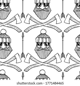 Vector seamless pattern with hand drawn lumberjack and crossed axes. Cute characters, beautiful design elements. Perfect for prints and patterns