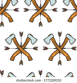 Vector seamless pattern with hand drawn crossed axes and arrow feathering. Heavy contour, graphic style. Beautiful surviving design elements, perfect for prints and patterns