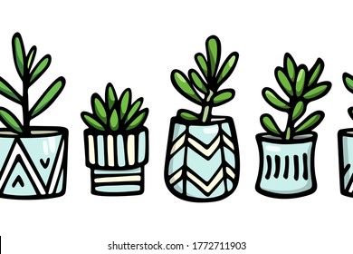 Vector seamless pattern with hand drawn succulents in painted pots. Ink drawing, graphic style. Beautiful floral design elements, perfect for prints and patterns