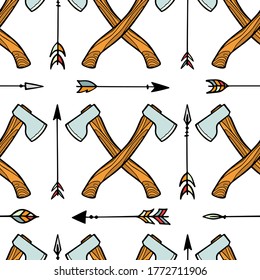 Vector seamless pattern with hand drawn crossed axes and tribal arrows. Heavy contour, graphic style. Beautiful surviving design elements, perfect for prints and patterns