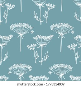 Vector seamless pattern and hand drawn Queen Anne's lace flowers  Beautiful floral design elements  ink drawing  perfect for prints   patterns