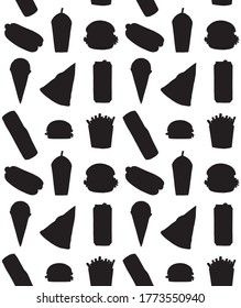 Vector seamless pattern of hand drawn fast food silhouette isolated on white background
