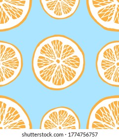 Vector seamless pattern of hand drawn doodle sketch orange slices isolated on blue background