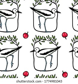 Vector seamless pattern with hand drawn crab-plovers in green leafy wreath. Hand drawn seabird in floral wreath. Beautiful ink drawing. Perfect elements for animal design.