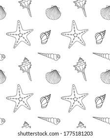 Vector seamless pattern of hand drawn doodle sketch shell and sea stars isolated on white background