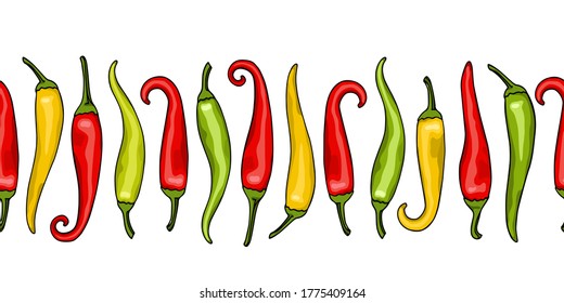 Vector seamless pattern with hand drawn Tabasco peppers. Beautiful food design elements, ink drawing. Perfect for prints and patterns
