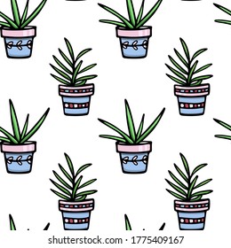 Vector seamless pattern with hand drawn succulents in painted pots. Ink drawing, graphic style. Beautiful floral design elements, perfect for prints and patterns