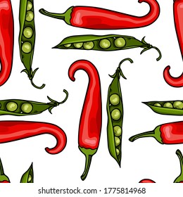 Vector seamless pattern with  hand drawn red Tabasco peppers and Shelling pea pods. Ink drawing, beautiful vegetarian design elements. Perfect for prints and patterns
