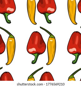 Vector seamless pattern with hand drawn colorful peppers. Beautiful food design elements, ink drawing. Perfect for prints and patterns