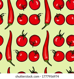 Vector seamless pattern with hand drawn red Chili peppers and red cherry tomatoes. Beautiful food design elements, ink drawing. Perfect for prints and patterns